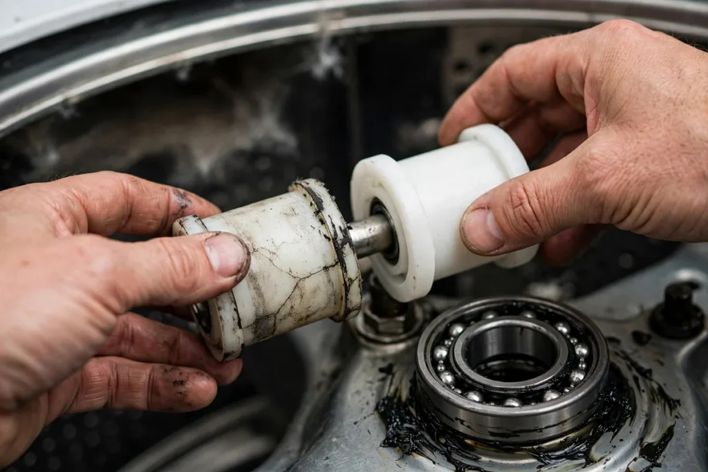 Technician replacing worn dryer drum rollers and rear bearing during a dryer repair in 92677
