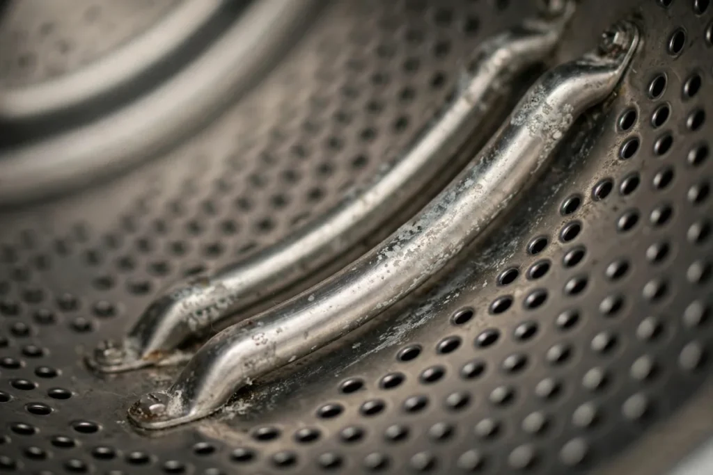 Close-up of dryer moisture sensor bars inside the drum — mineral buildup here causes premature cycle shutoff