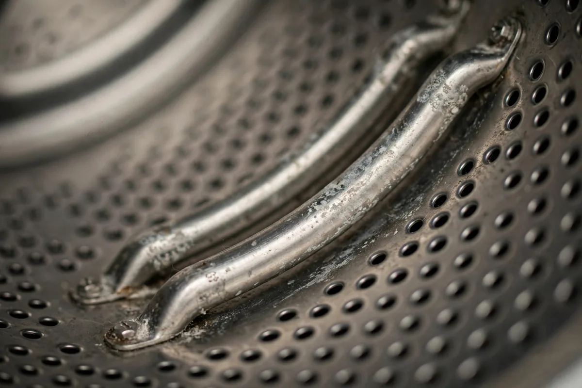 Close-up of dryer moisture sensor bars inside the drum — mineral buildup here causes premature cycle shutoff