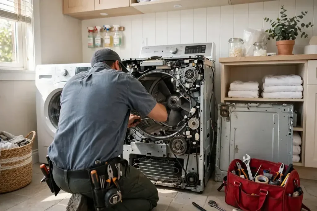Appliance technician repairing an electric dryer in a Laguna Niguel home laundry room