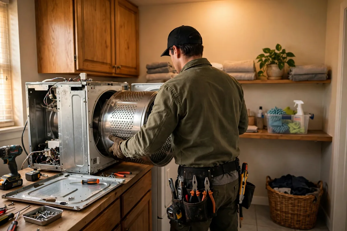 Technician removing the drum from a disassembled dryer during a repair visit in Laguna Niguel, CA