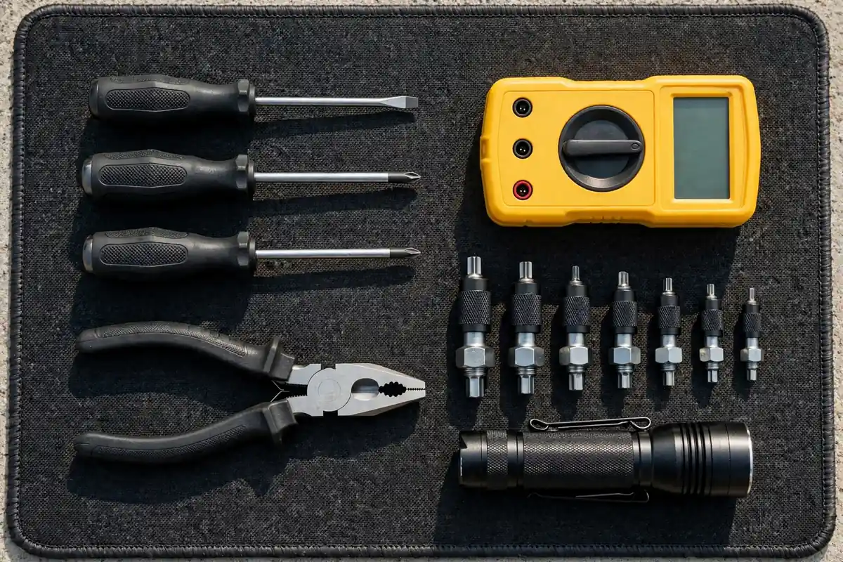 Professional dryer repair tools: multimeter, screwdrivers, and nut driver set