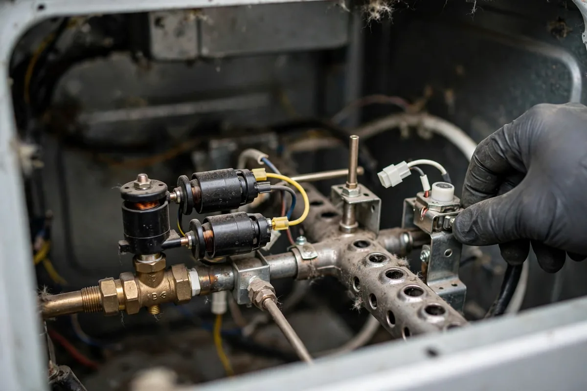 Close-up of a gas dryer valve and burner assembly during a repair in Laguna Niguel