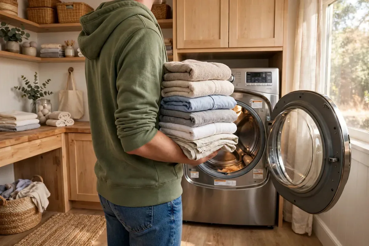 Homeowner with freshly dried folded laundry after a same-day dryer repair in Laguna Niguel