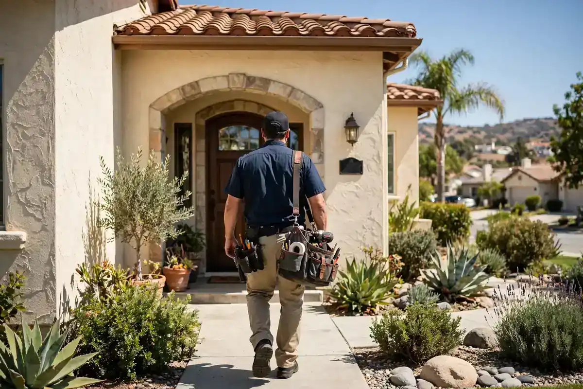 Dryer repair technician arriving at a Mediterranean-style home in Laguna Niguel, CA