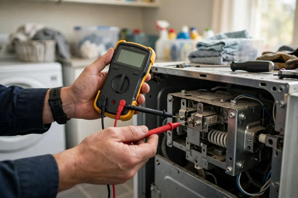 Technician testing a dryer electrical component with a digital multimeter in Laguna Niguel