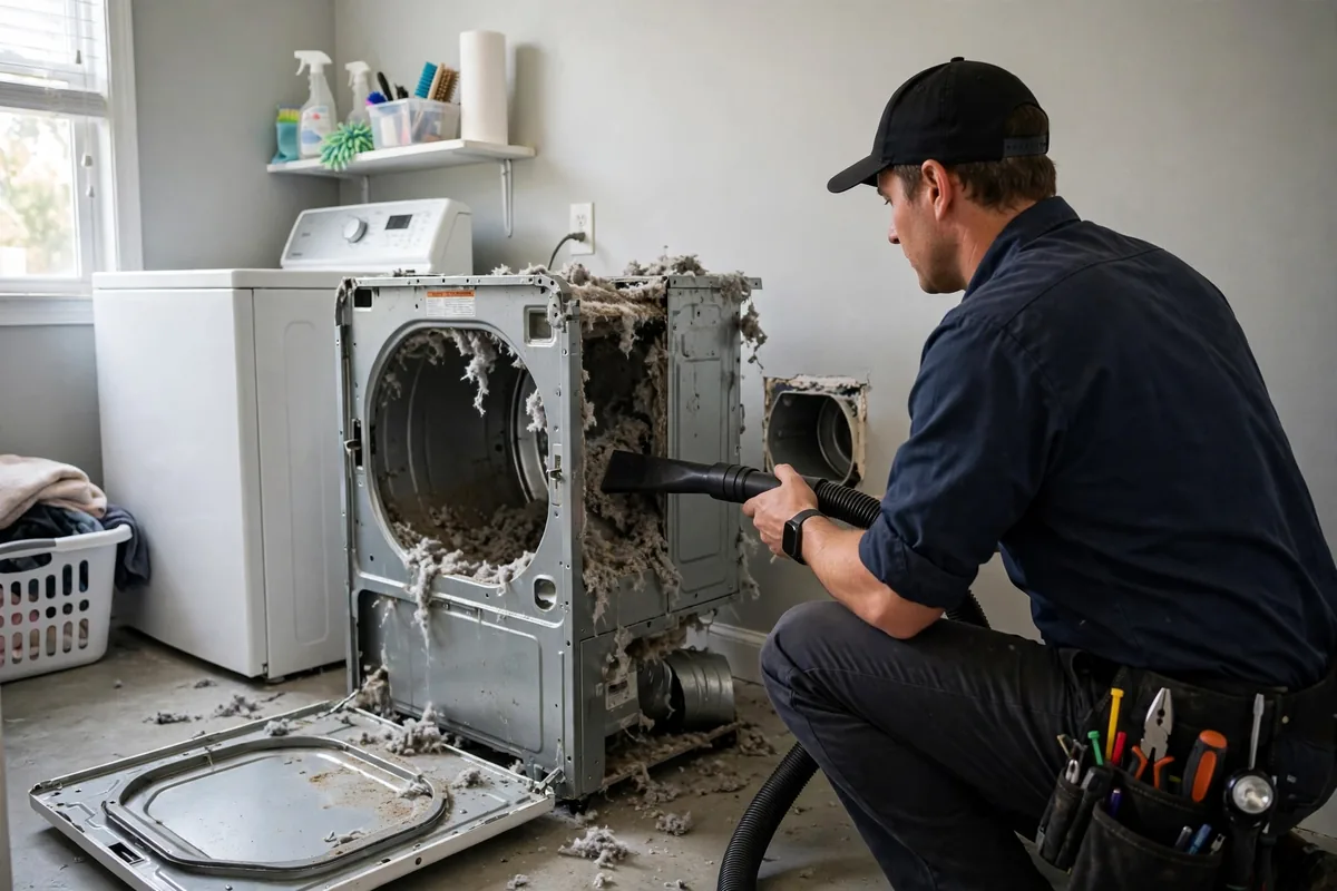 Technician vacuuming lint buildup from inside a dryer cabinet in a 92677 home